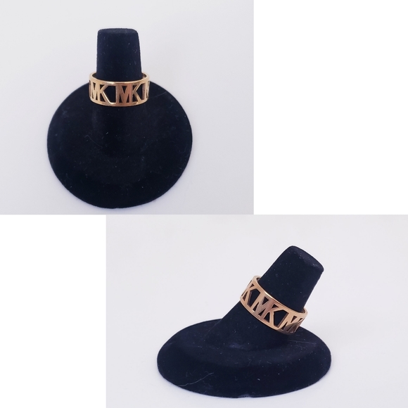 NEW MK Logo Gold Stainless Steel Laser Stud Earrings & Band Ring - Picture 2 of 2